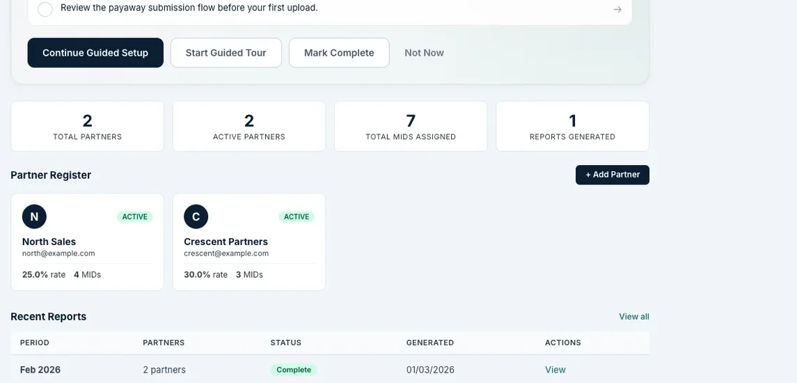 Valtura commission reporting dashboard showing partner stats and recent reports.