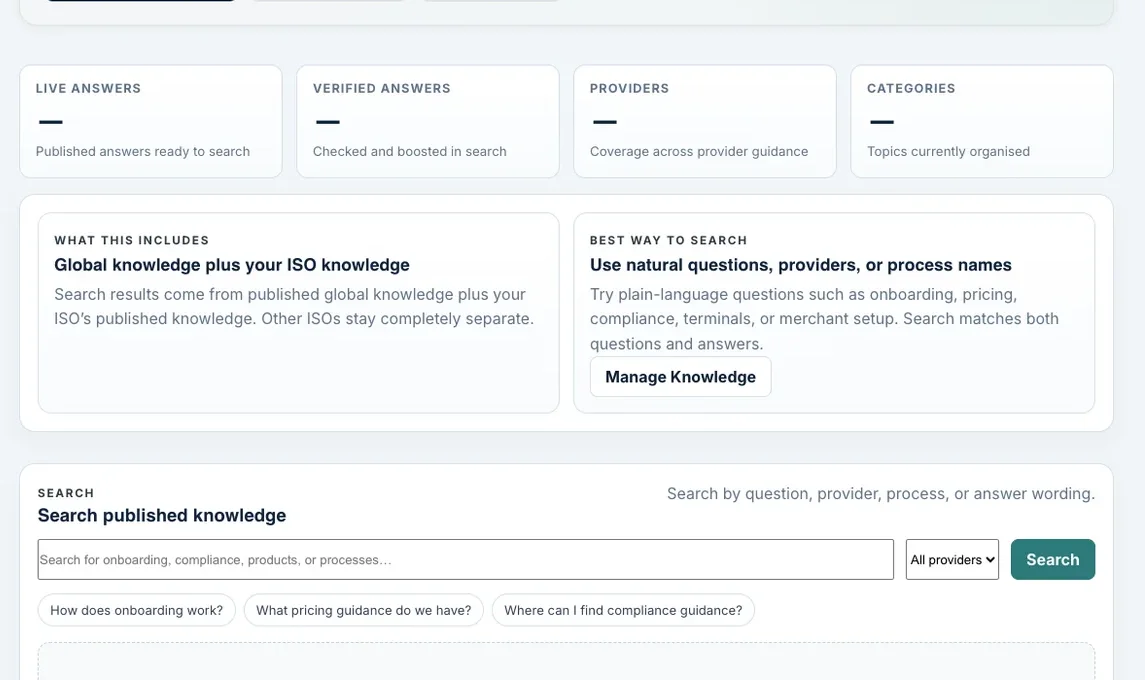 Valtura AI knowledge search screen showing published guidance and workspace controls.